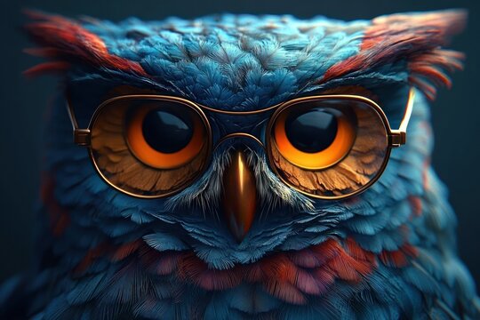 close-up of a blue and orange owl wearing round gold-rimmed glasses with intense eyes and detailed feathers under soft lighting