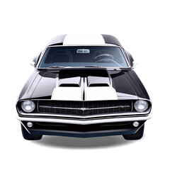 Front view of a classic black muscle car with white racing stripes on a white background.