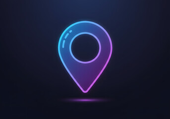 Glowing neon map pin location marker icon, digitally rendered.