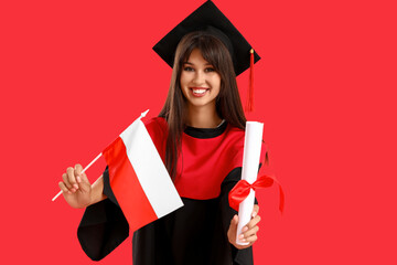 Female graduate with flag of Poland and diploma on red background