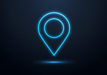 Glowing neon blue map location pin icon, digitally rendered, dark background.
