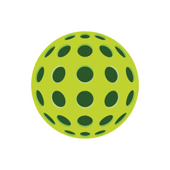Bright green spherical abstract design with patterned circular cutouts, modern geometric 3D sphere illustration, isolated on white background.