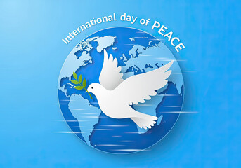 A peaceful white dove, the international peace symbol, flies over the world globe to mark International Peace Day.
