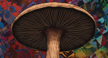 Detailed mushroom cap against abstract backdrop