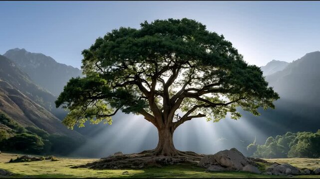 Majestic tree with sprawling branches and lush green foliage illuminated by sunlight and sunray in serene mountain valley landscape filled with vibrant green nature and peaceful atmosphere