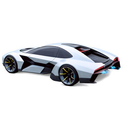 Futuristic white concept car with sharp angles and blue rear lighting, viewed from the rear quarter.