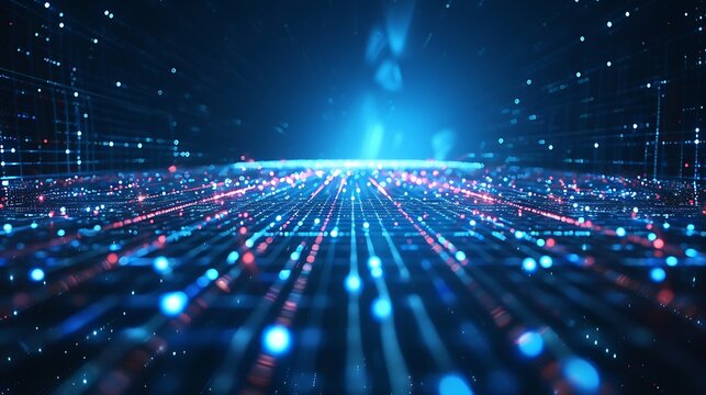 Dynamic digital network with glowing blue and red data streams creates a futuristic technology concept