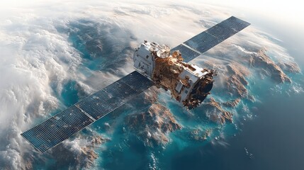 Orbiting Sentinel: A high-angle shot captures a detailed satellite in Earth's orbit, providing an impressive visual of our planet and the technology it houses.