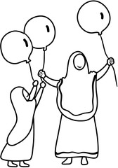 Mother and Kid Coloring Book Vector Illustration in Black and White Line Art Style
