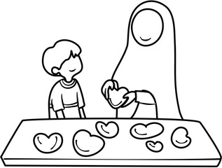 Mother and Kid Coloring Book Vector Illustration in Black and White Line Art Style
