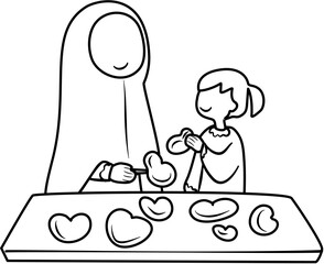 Mother and Kid Coloring Book Vector Illustration in Black and White Line Art Style
