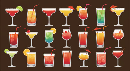 Eighteen colorful cocktail drinks with various garnishes on brown