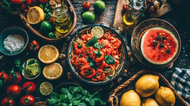 Fresh summer salad preparation home kitchen culinary art rustic setting overhead view healthy eating concept