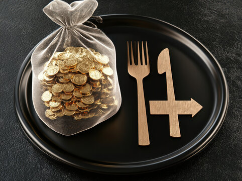 Bag filled with gold coins sits black plate alongside wooden utensils, symbolizing wealth and abundance. scene evokes sense of luxury and prosperity, inviting curiosity about relationship between - Powered by Adobe