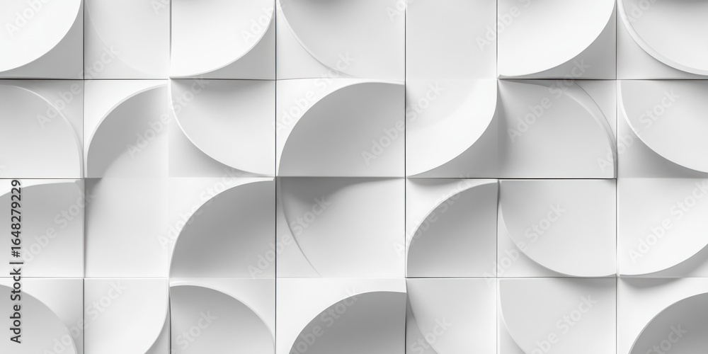 Poster abstract white geometric wall pattern composed of curved and flat square panels creating a modern mi