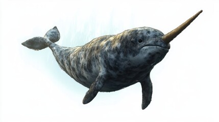 Obraz premium realistic underwater depiction of a narwhal with mottled gray skin swimming calmly with its long spiral tusk prominently displayed
