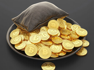Pile of shiny gold coins is displayed on black plate, accompanied by small bag filled with more coins. scene conveys sense of wealth and abundance, inviting admiration