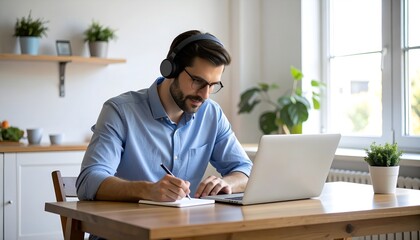 Focused 35s man sit at desk wear headphones watch webinar use laptop gain new knowledge writing notes. Video conference communication, negotiation remotely, study online. Detailed high quality image. 