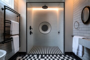 Modern bathroom with black and white tiled floor and walls, walk-in glass shower with rain shower head, round decorative mirror inside shower, and white towels hanging on racks
