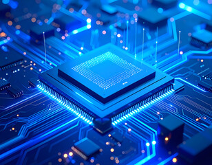 Blue glowing circuit board technology computer processor semiconductor