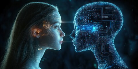 A human woman and a digital humanoid figure face each other with glowing circuitry patterns illustrating the connection between human and artificial intelligence