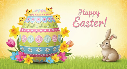 Festive Easter greeting card featuring a decorated egg, chicks, flowers, and a bunny