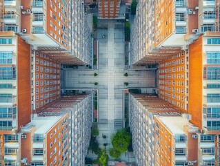 aerial view looking down at symmetrical arrangement of tall orange and white buildings with central paved courtyard and scattered green trees creating geometric patterns