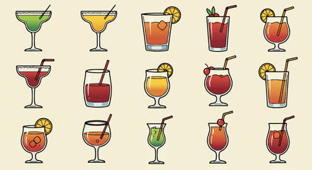 Fifteen colorful cocktail illustrations with various garnishes and glass types