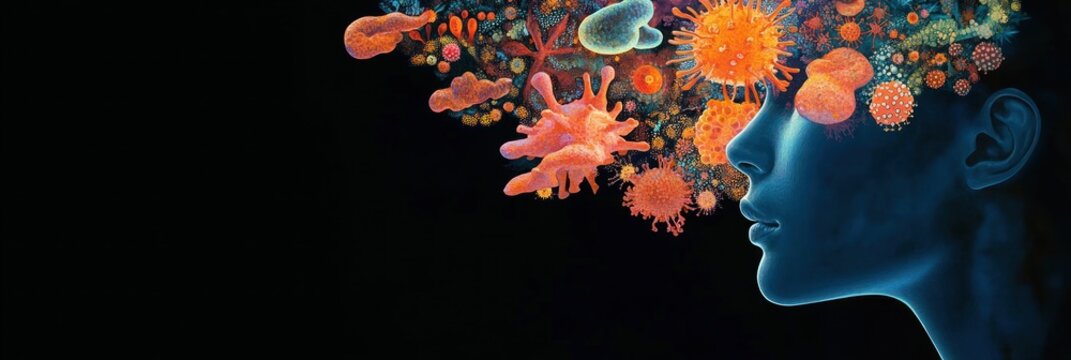 Profile of a blue human head surrounded by colorful abstract virus-like and microscopic organisms against a dark background evoking concepts of biology and infection