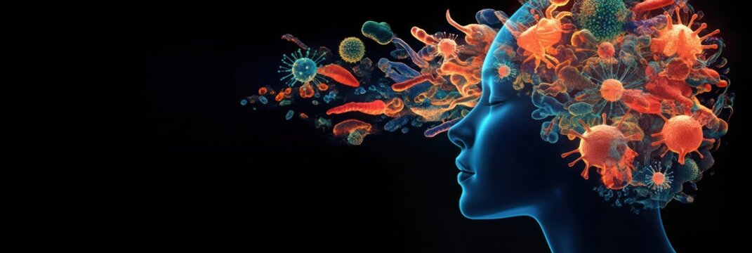 Blue human profile with eyes closed surrounded by vibrant microscopic virus and bacteria shapes emerging from the head representing thoughts or biological influence