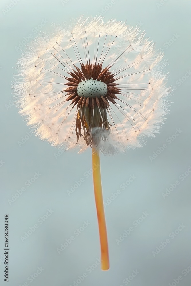 Poster close-up of a delicate dandelion seed head with some seeds missing, showing soft translucent white f