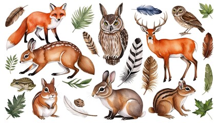 Obraz premium Watercolor illustration set of forest wild animals, including fox, badger, rabbit, deer, chipmunk, bunny, owl, bird, and toad, along with feathers and leaves, realistic woodland elements on a white ba