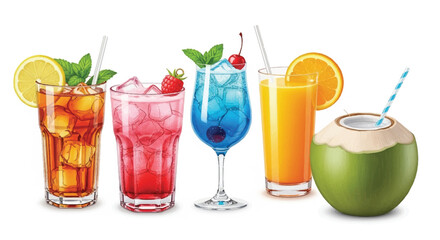 Five refreshing drinks with ice, fruit, and mint