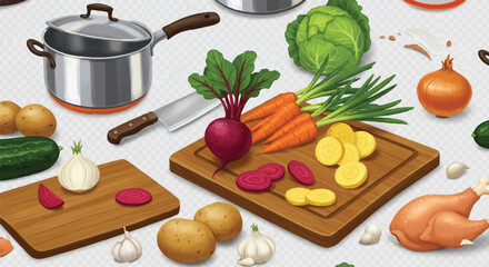 Flatlay of raw ingredients & cookware