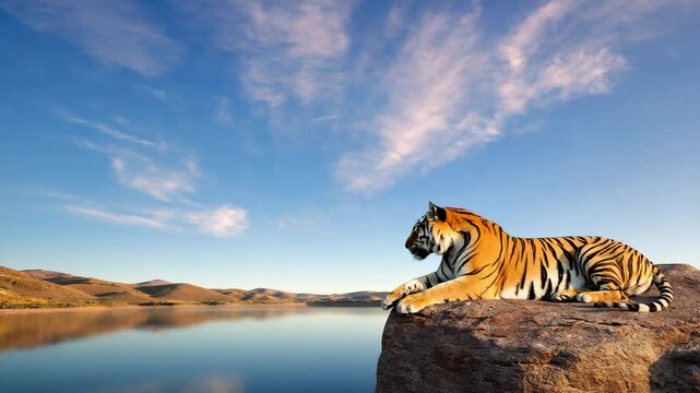 Majestic tiger rests on rocky cliff overlooking serene lake and scenic hills under vast blue sky