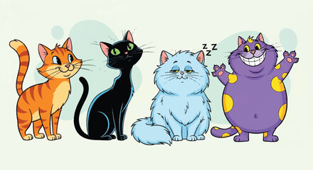 Four colorful cartoon cats with varying expressions stand against a pale green backdrop
