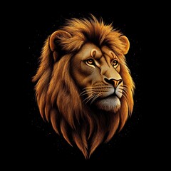 Fototapeta premium Majestic close-up of a lion's head with a detailed golden mane and expressive eyes on a black background, evoking strength and nobility