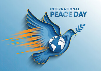 A paper dove, a peace symbol, flies carrying a world globe and an olive branch for International Peace Day.