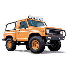 Detailed illustration of an orange off-road truck with large tires and roof lights.