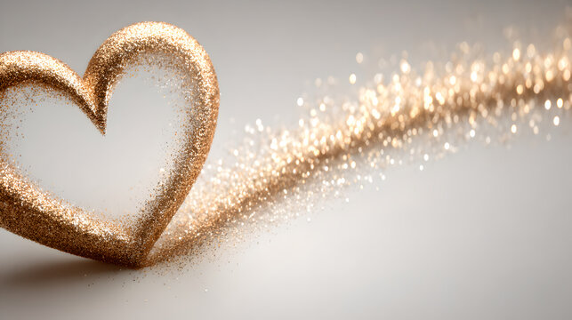 Golden glitter heart shape, on a light gray background with sparkling light.
