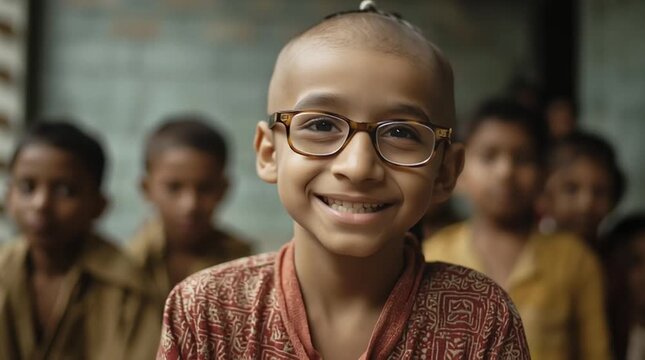 Smiling Child with Intellectual Developmental Disorder. Young Boy with Intellectual Disability smile front. Intellectual Disability (Intellectual Developmental Disorder). The child wearing glasses