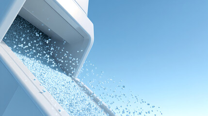 Small blue pellets pouring out of a white hopper, with a blue sky background.
