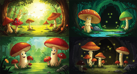 Four whimsical mushroom scenes