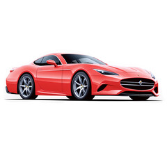 Sleek red sports car with a modern design, viewed from a low angle on a white background.