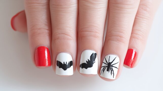Spooky nail art designs featuring bats and spiders halloween celebration nail art showcase indoor close-up creative expression