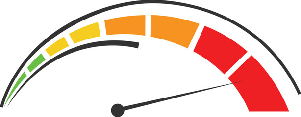 A speedometer graphic with a needle pointing towards the red zone, indicating high level or maximum capacity.
