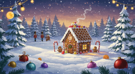 Gingerbread house in snowy forest