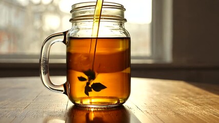 A glass jar filled with herbal tea sits on a wooden table, illuminated by sunlight from a window - Powered by Adobe