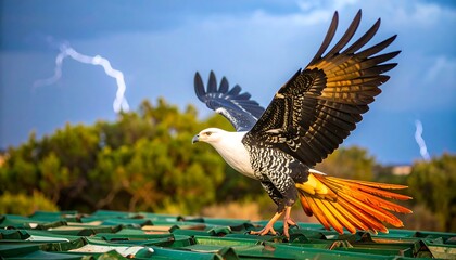 Bird in flight, dramatic sky