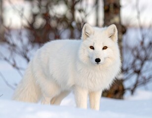 Obraz premium Arctic fox with thick white fur standing on snow in wintry forest setting